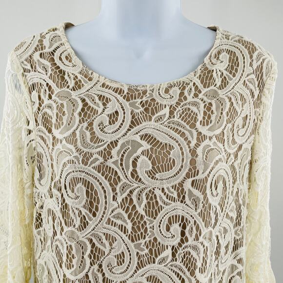 Tacera Cream Lace Overlay Sheer Bell Sleeve Cocktail Party Shift Dress S - Picture 5 of 14